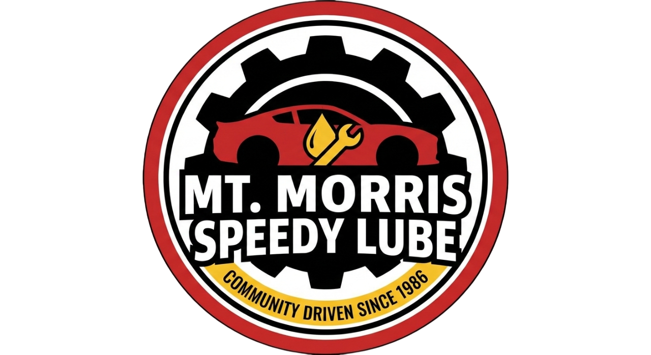 Logo for Mt. Morris Speedy Lube: red and black circle with car, wrench, gear, and text "Community Driven Since 1989."