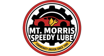 Logo for Mt. Morris Speedy Lube: red and black circle with car, wrench, gear, and text "Community Driven Since 1989."