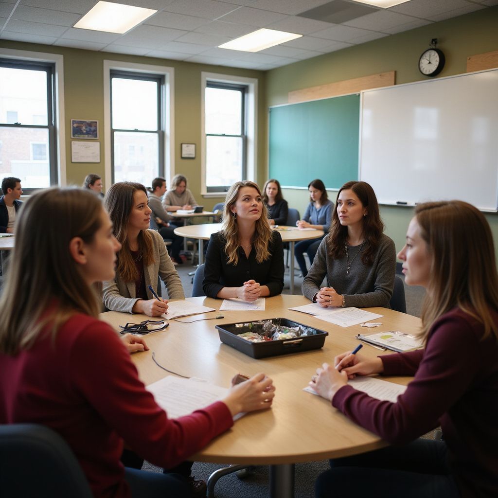 People seated around a conference table in a classroom-style meeting room with a whiteboard and windows.