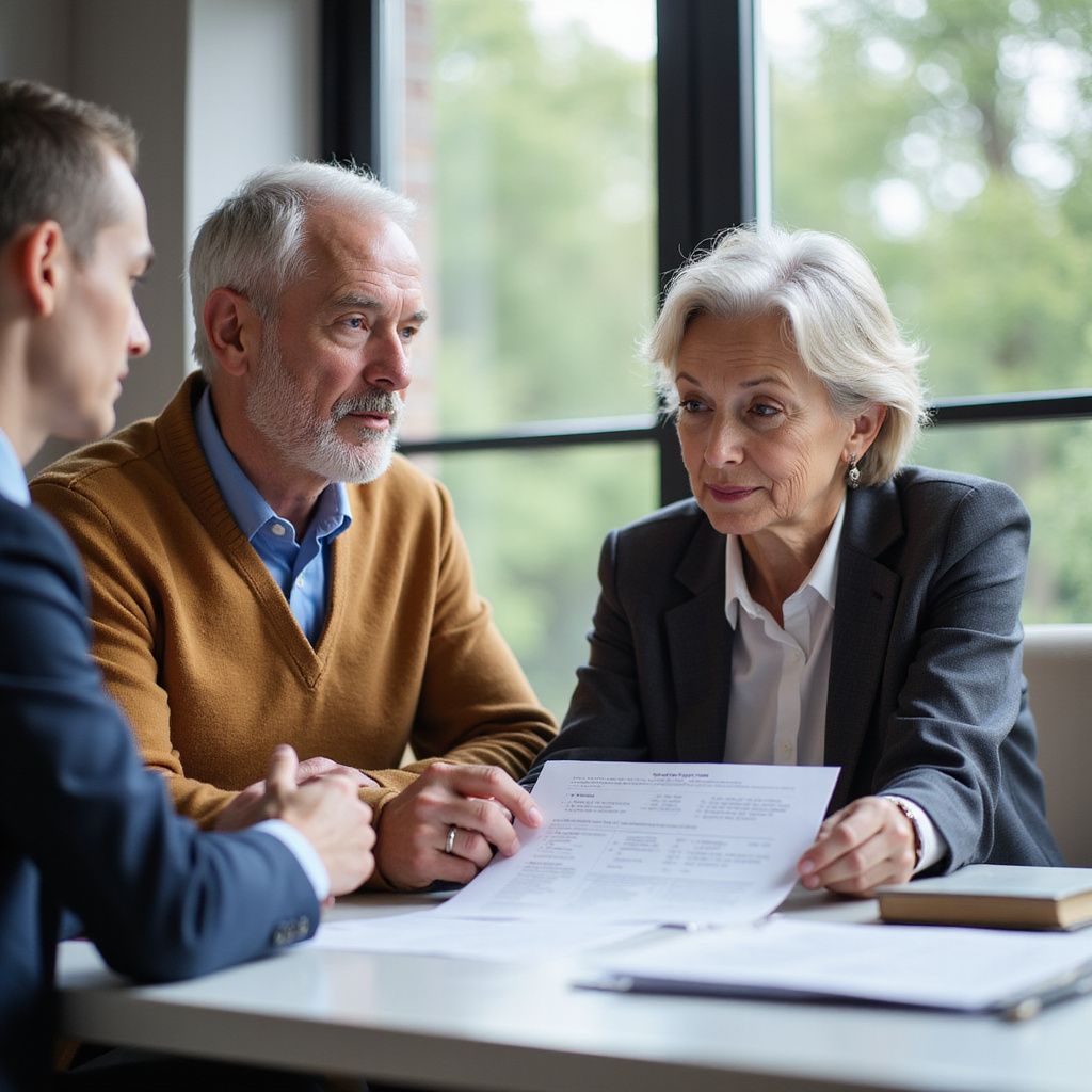 Three people in a meeting reviewing documents at a table by a window