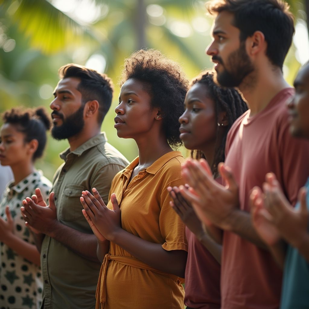 People standing outdoors with hands clasped, appearing to pray or meditate in a group.