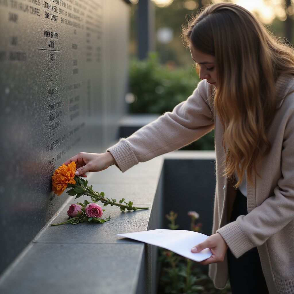 Woman placing orange flowers at a memorial wall while holding a white note