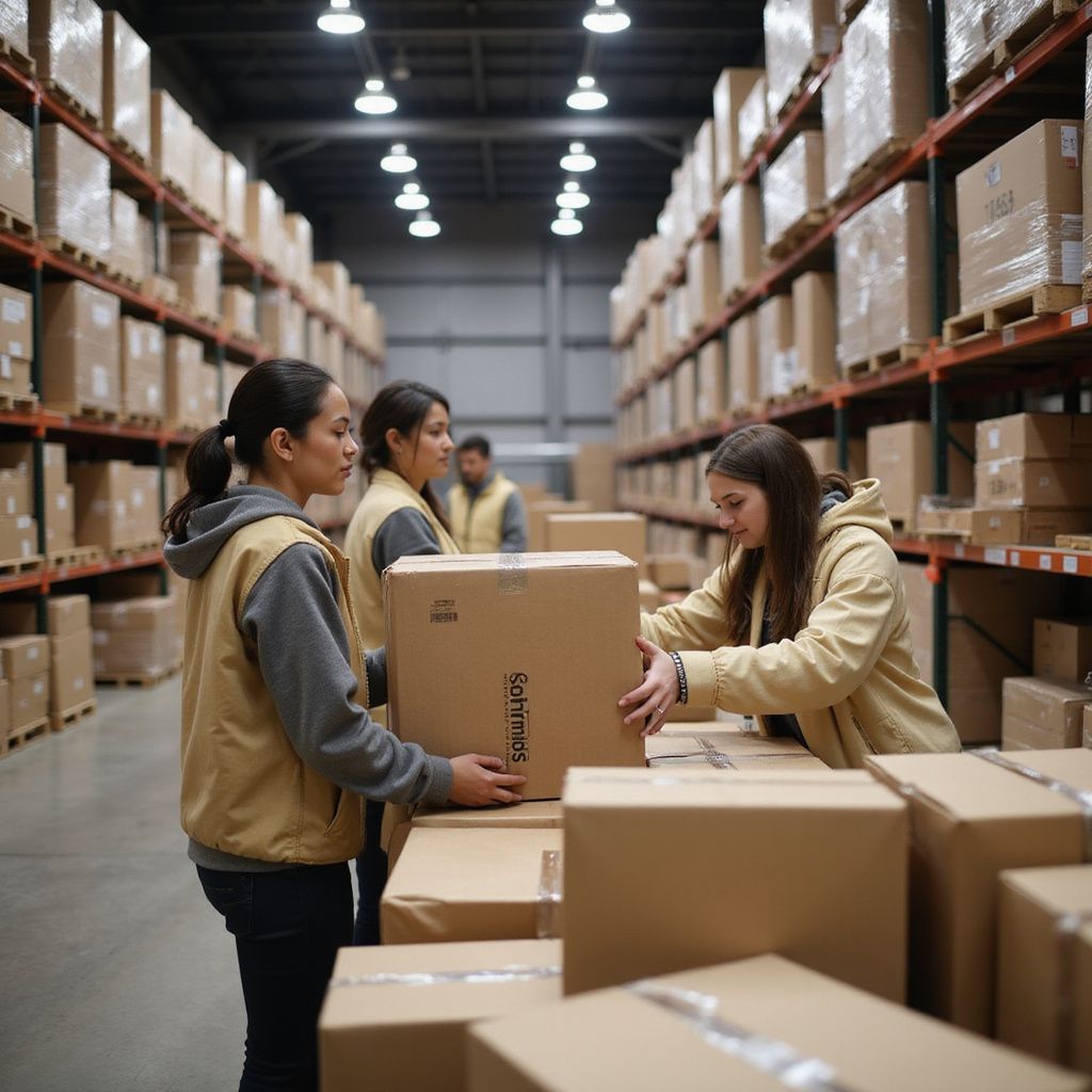 Workers packing boxes in a warehouse aisle with shelves of stored inventory