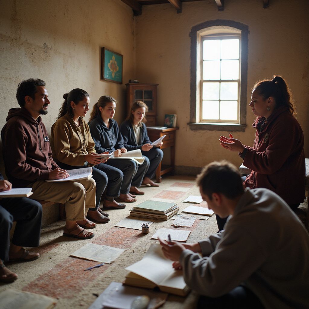 Group seated indoors in discussion, facing a speaker by a bright window with papers on the floor.