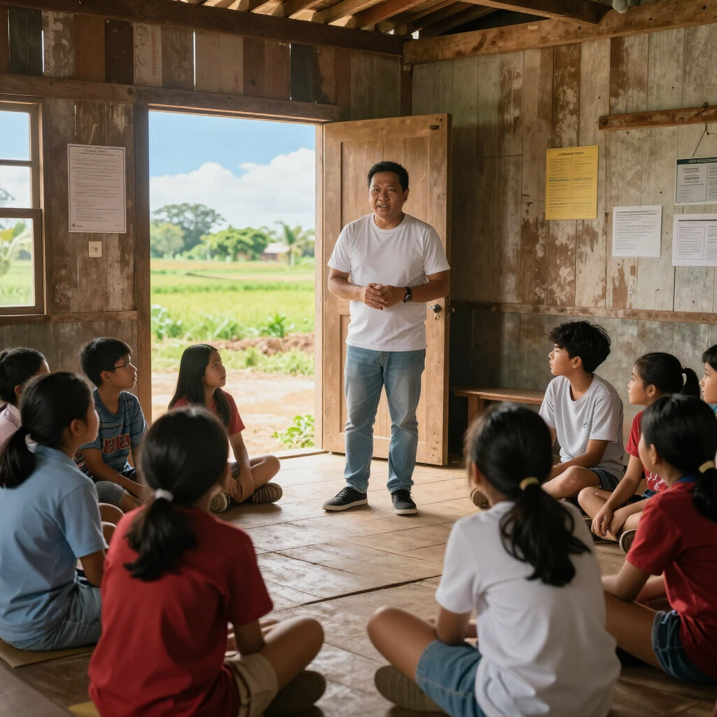 Teacher speaking to a seated group in a rustic wooden classroom with an open doorway to green fields