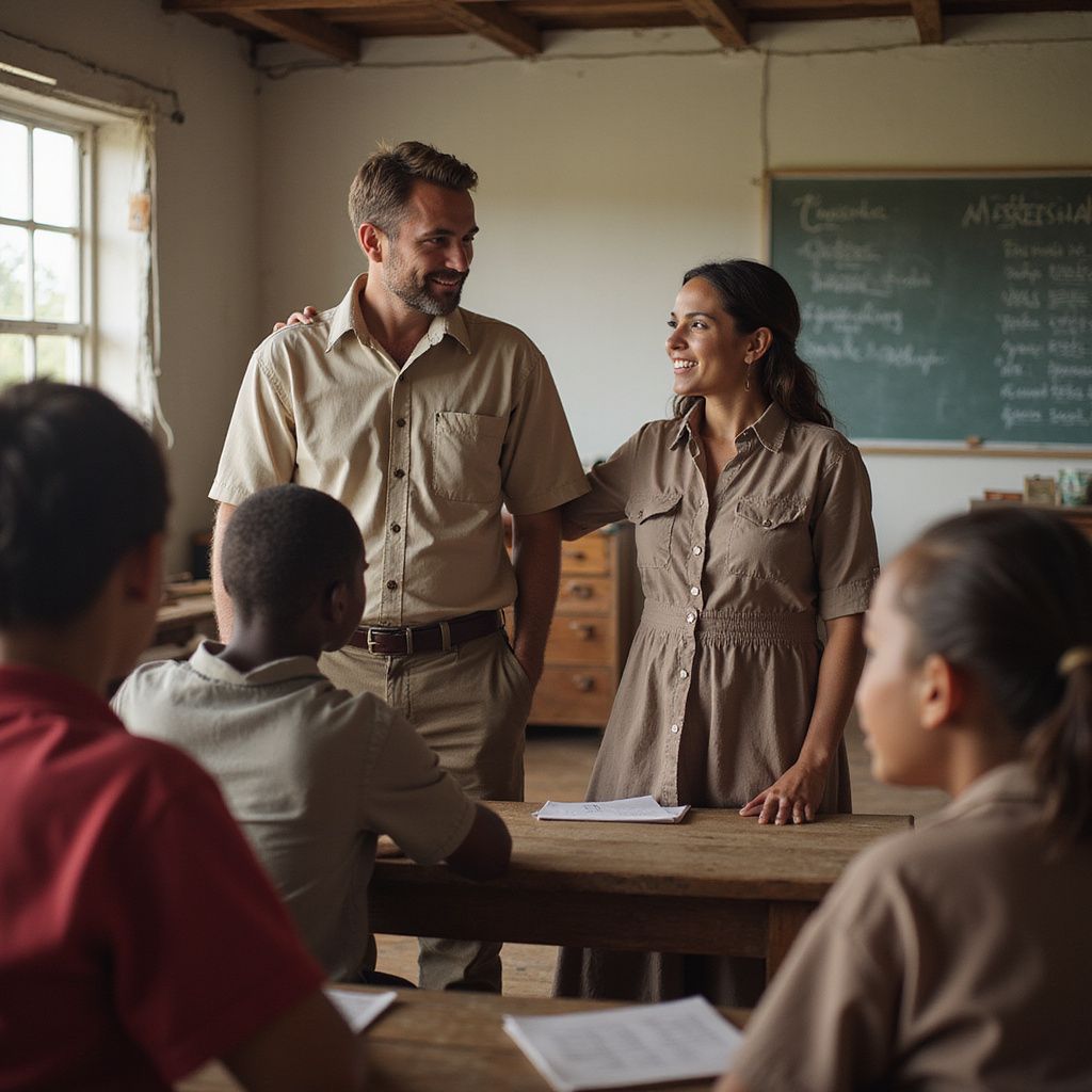Teacher and student smiling in a classroom, standing beside a chalkboard during a lesson.