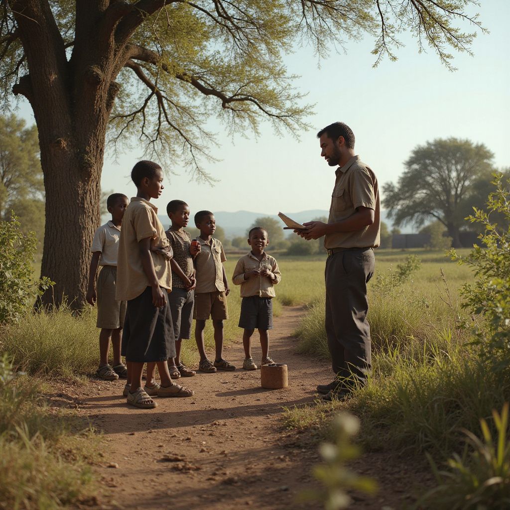 Teacher instructing students outdoors beside a tree in a rural field