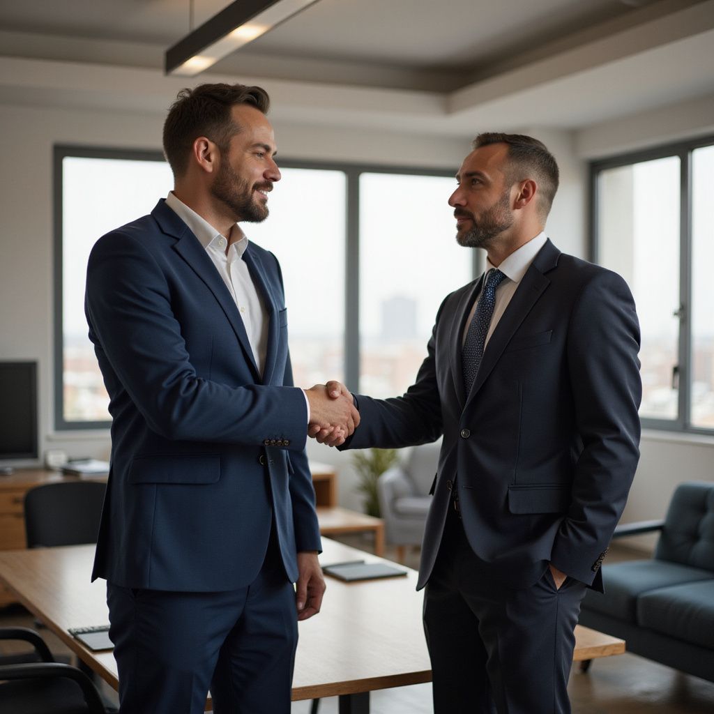 Two businessmen in dark suits shaking hands in a modern office conference room