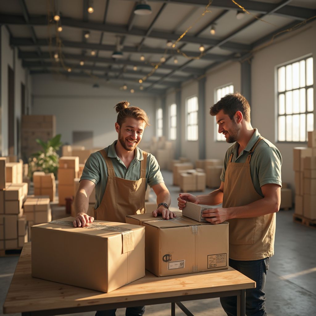 Two workers packing cardboard boxes in a warehouse with stacked shipments and warm sunlight