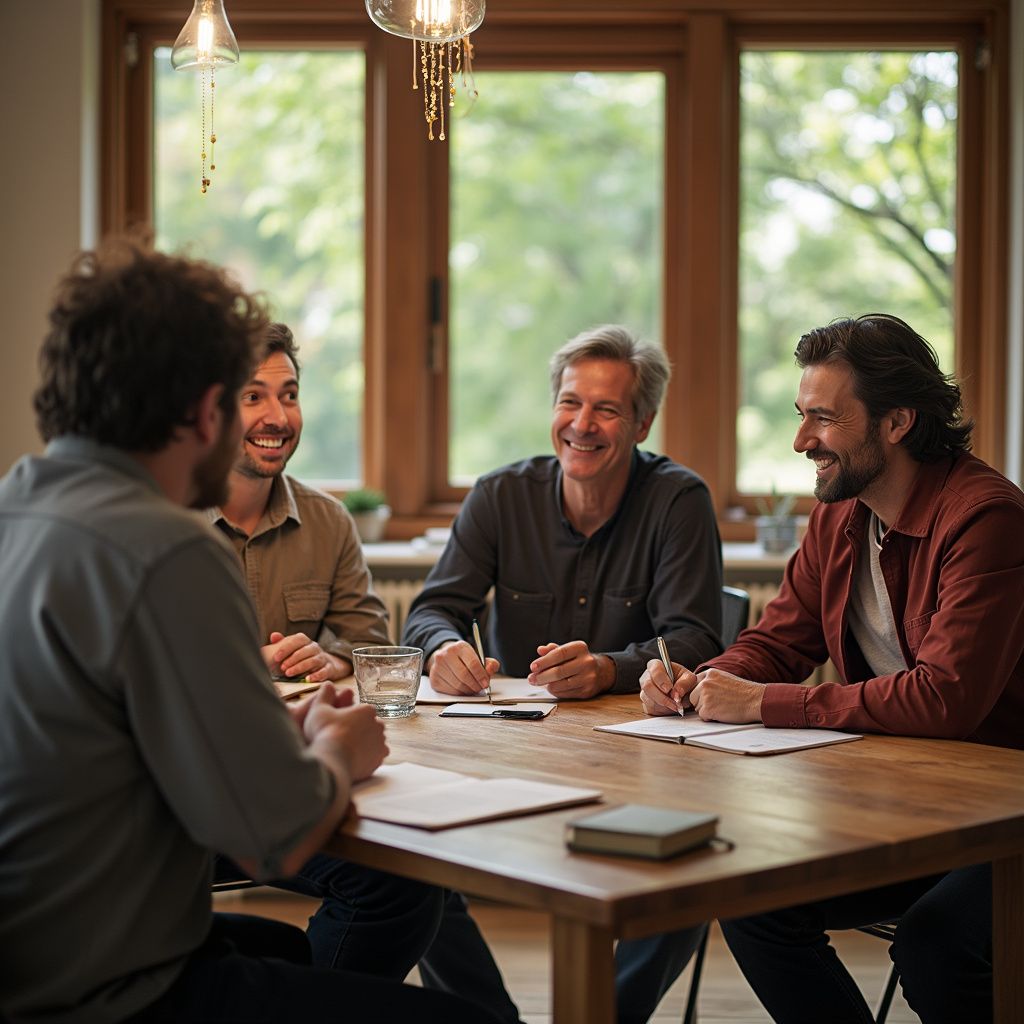 Four people smiling and talking around a wooden table in a sunlit room with large windows.
