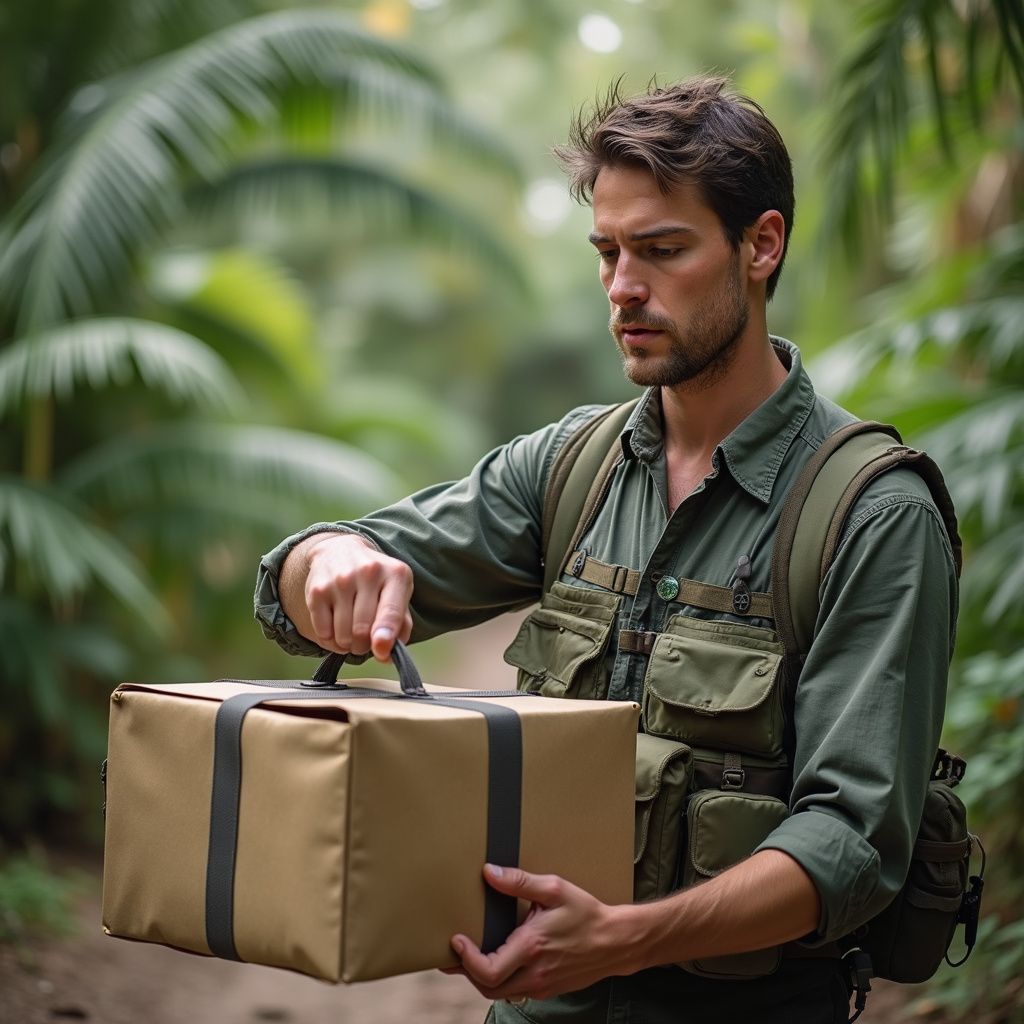 Man holding a strapped cardboard package in a lush jungle setting