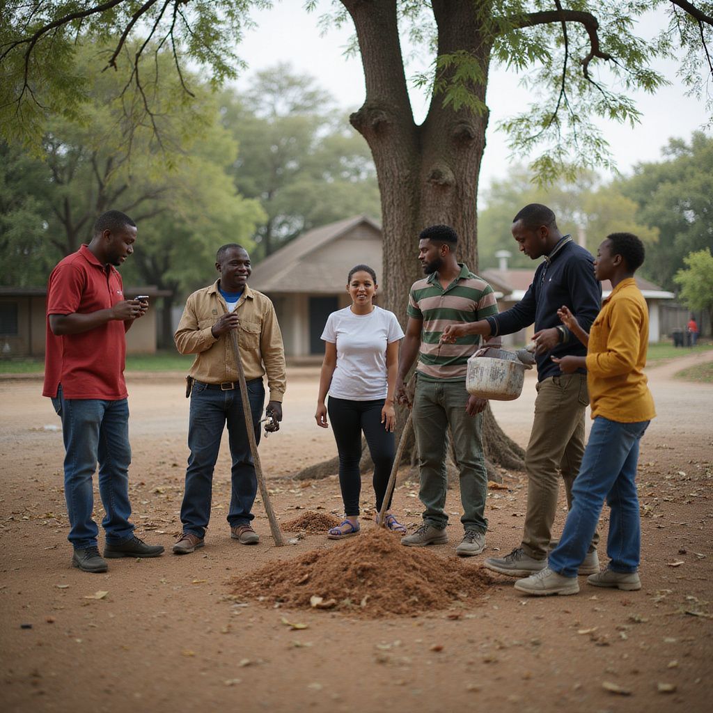 Group of people outdoors by a tree, working together with soil and tools near a village path.