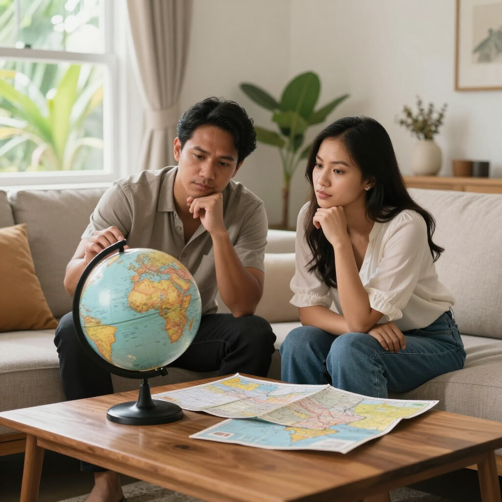 Two people studying a globe and map at a living room table.