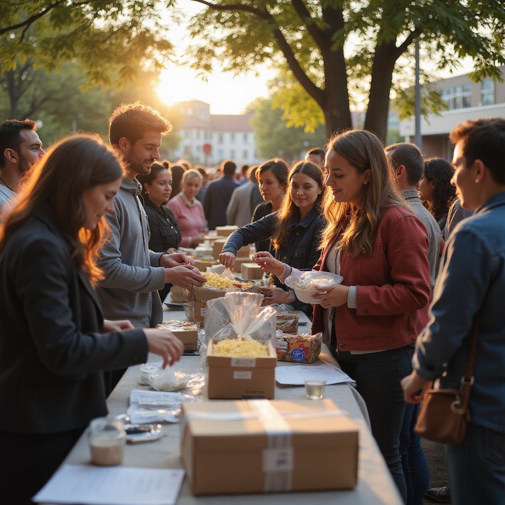 People serving food at a community outdoor gathering at sunset