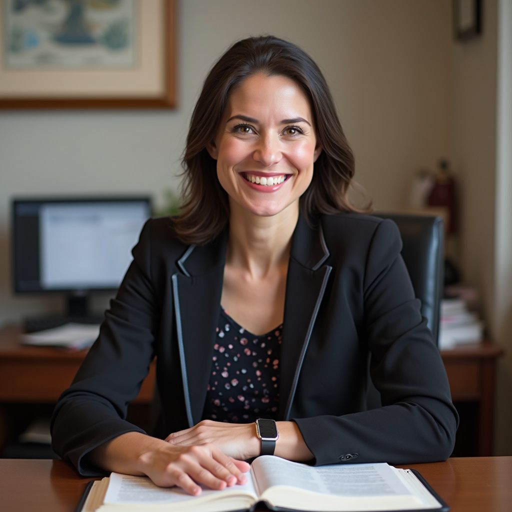 Smiling woman in a black blazer seated at a desk in an office