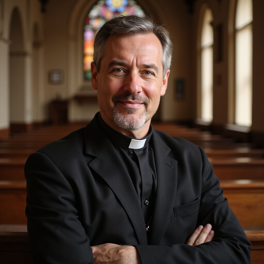 Priest in black clerical suit standing in a church aisle with arms crossed, smiling