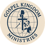 Circular Gospel Kingdom Ministries logo with globe, cross, and map silhouette in blue and beige