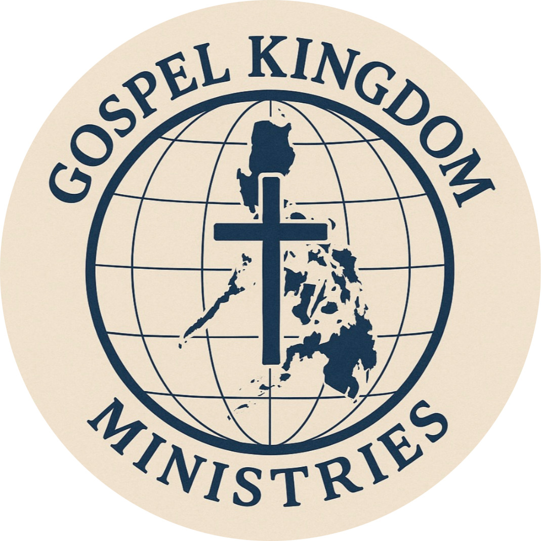 Circular Gospel Kingdom Ministries logo with globe, cross, and map silhouette in blue and beige