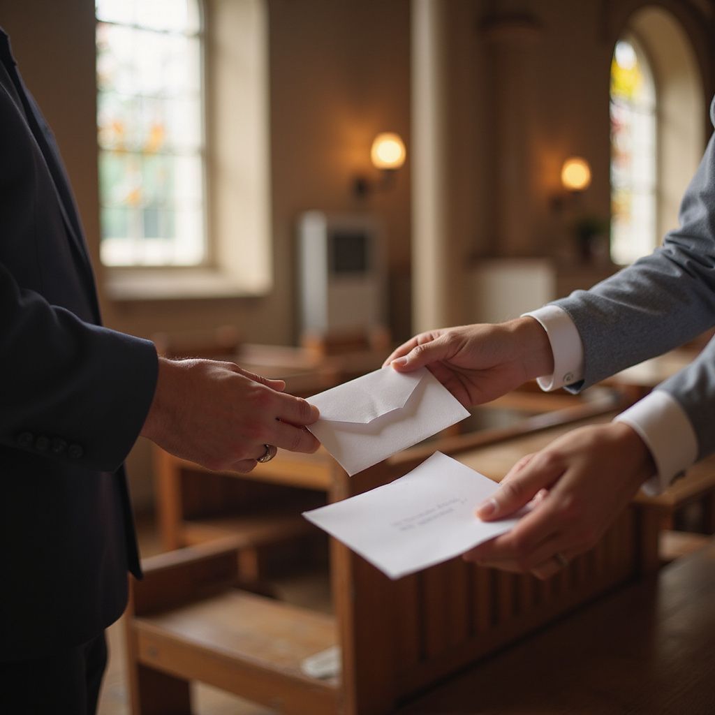 Hands exchanging an envelope in a church pew, with warm light from stained-glass windows.