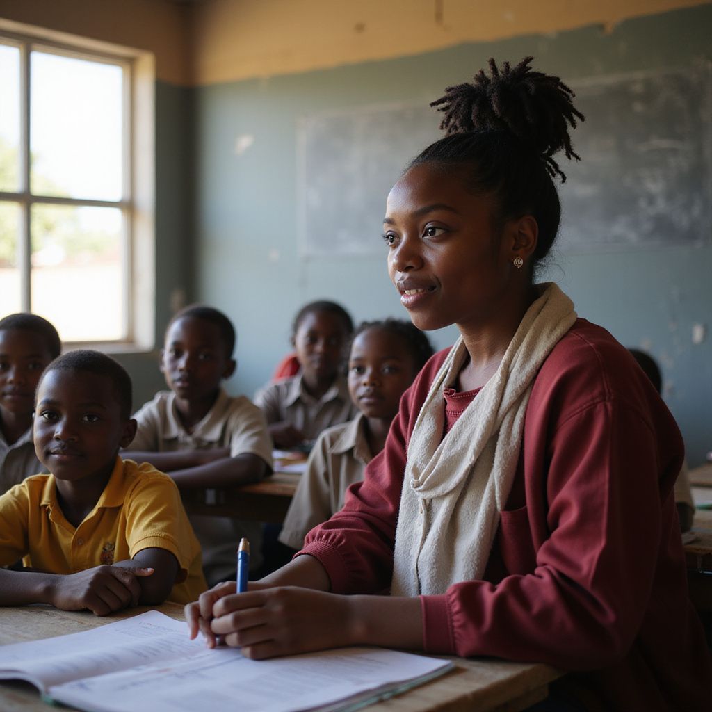 Teacher writing at a desk in a classroom while students sit behind her