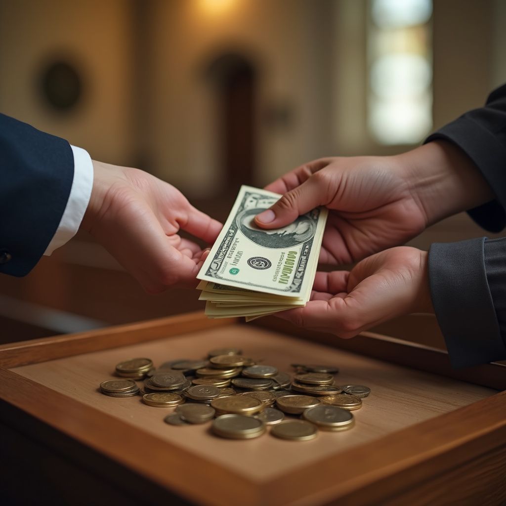 Hands exchanging cash over a coin tray in a dimly lit indoor setting
