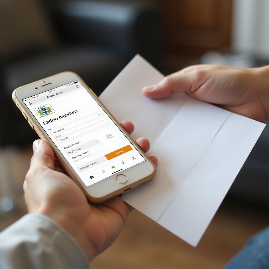 Hands holding a smartphone and white envelope, with an online form displayed on the screen.