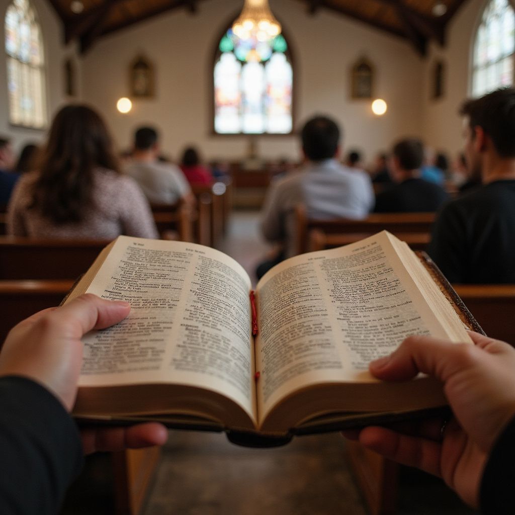 Hands holding an open Bible during a church service, with seated worshippers and a stained-glass window ahead