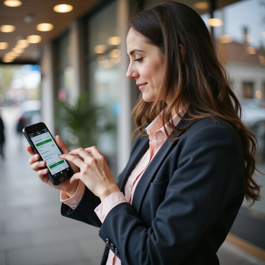 Woman in a blazer using a smartphone outdoors, tapping on a green-and-white app screen.