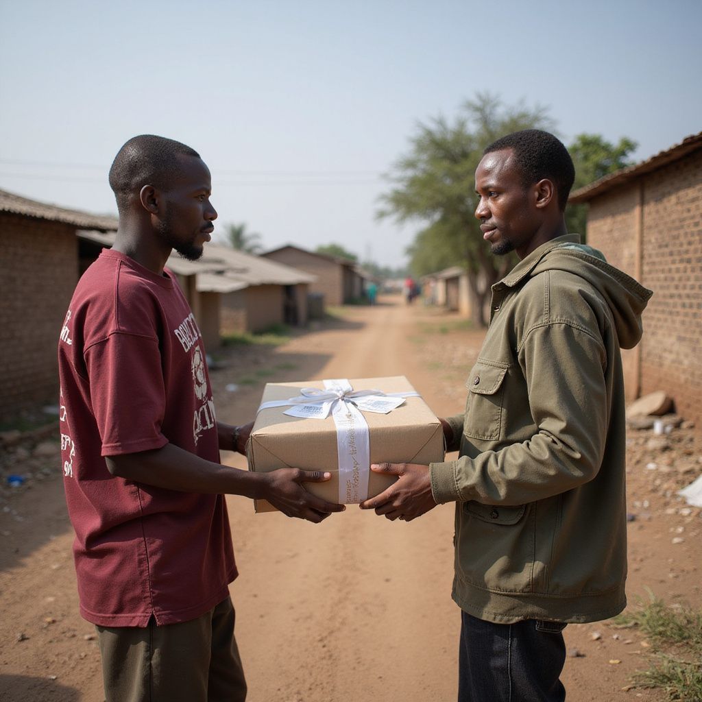 Two men exchange a taped cardboard box on a dusty village road.
