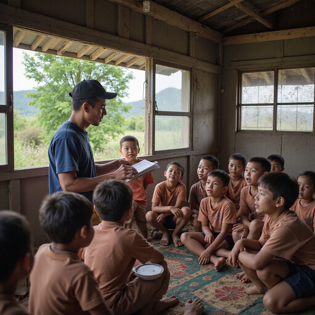 Teacher reading to seated students in a rustic classroom with open windows and mountain views