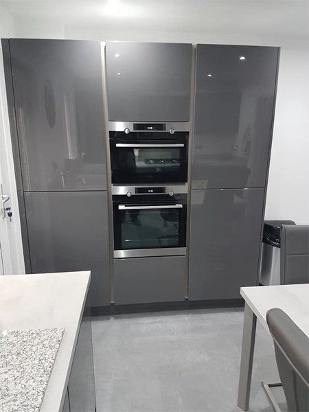 modern grey kitchen with over