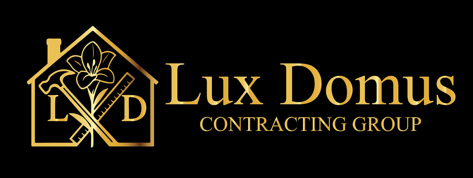 A lux domus contracting group logo with a house and a flower on a black background.