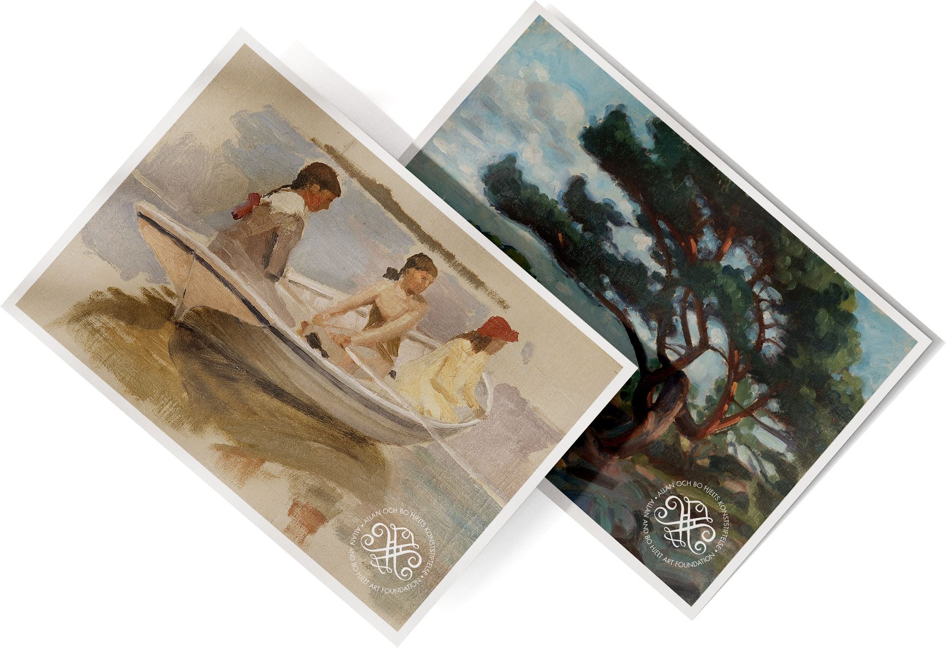 Två vykort för Hjelt Art Foundation med motiv av konstnärerna Albert Edelfelt och Verner Thomé