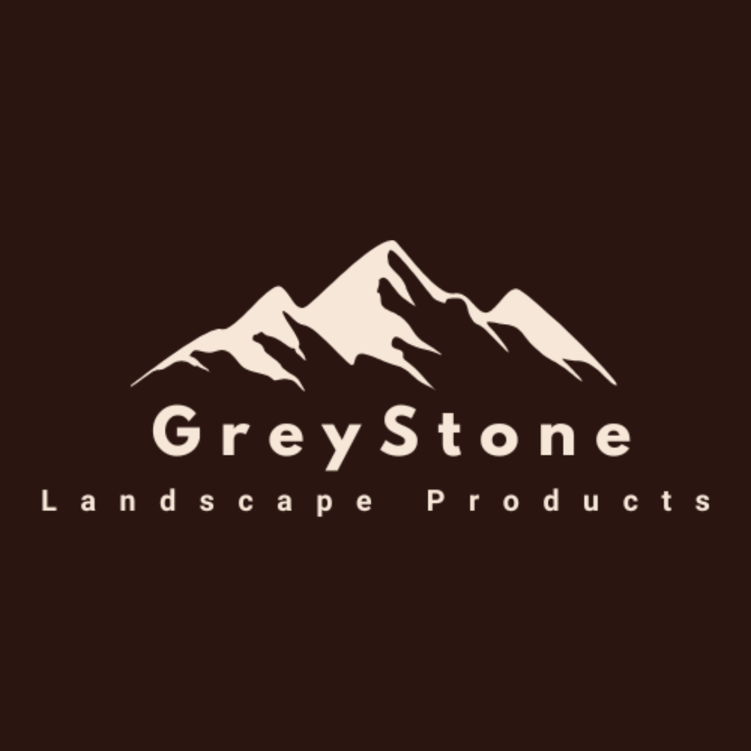 GreyStone Landscape Products logo: white mountain range, gray text on dark brown background.