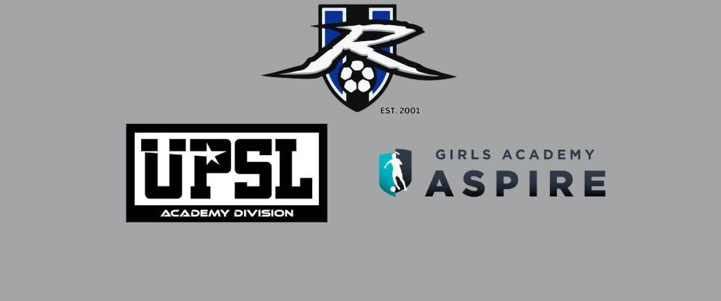 Logos: Rampage soccer team, UPSL, Girls Academy Aspire on gray background.