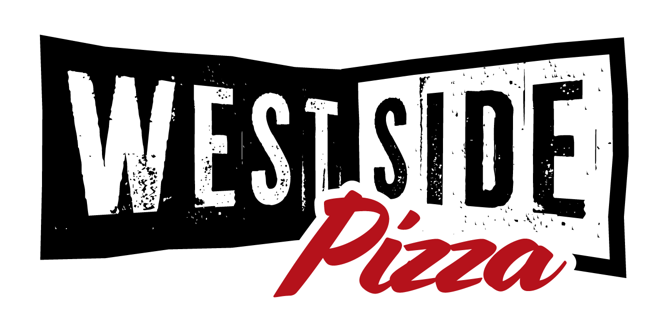 West Side Pizza logo with black and white block text and red 