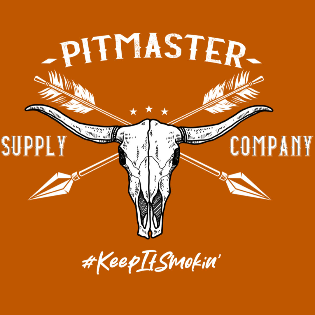 Logo for Pitmaster Supply Company with longhorn skull, crossed arrows, and text.
