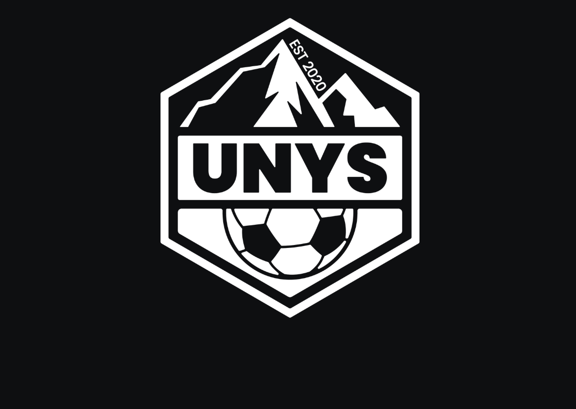 Black and white UNYS soccer logo: mountain, soccer ball, and text
