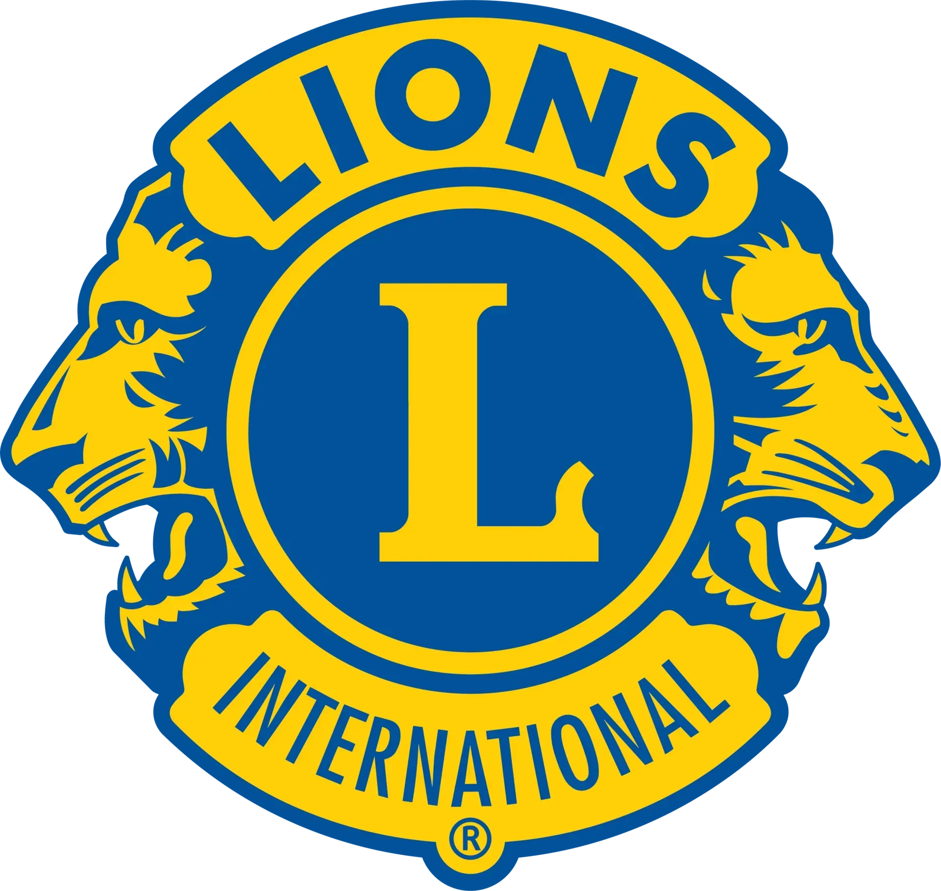 Lions Clubs International logo: Yellow text and details over blue. Two lion profiles flank a blue circle with a yellow