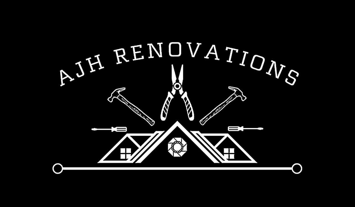 AJH Renovations logo with house roof, hammer, pliers, saw, and measuring tools on black background