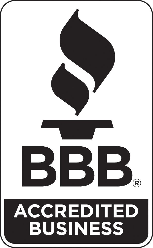 BBB Accredited Business logo in black and white with flame icon above the letters BBB
