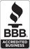 BBB Accredited Business logo in black and white with flame icon above the letters BBB
