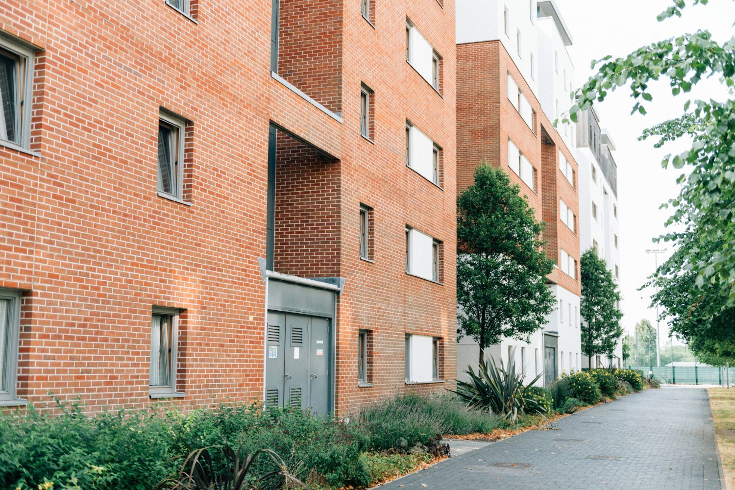 Red brick apartment buildings along a paved walkway with trees and shrubs