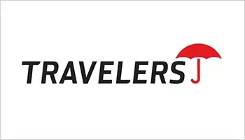 Travelers logo in black text with a red umbrella over the “J”