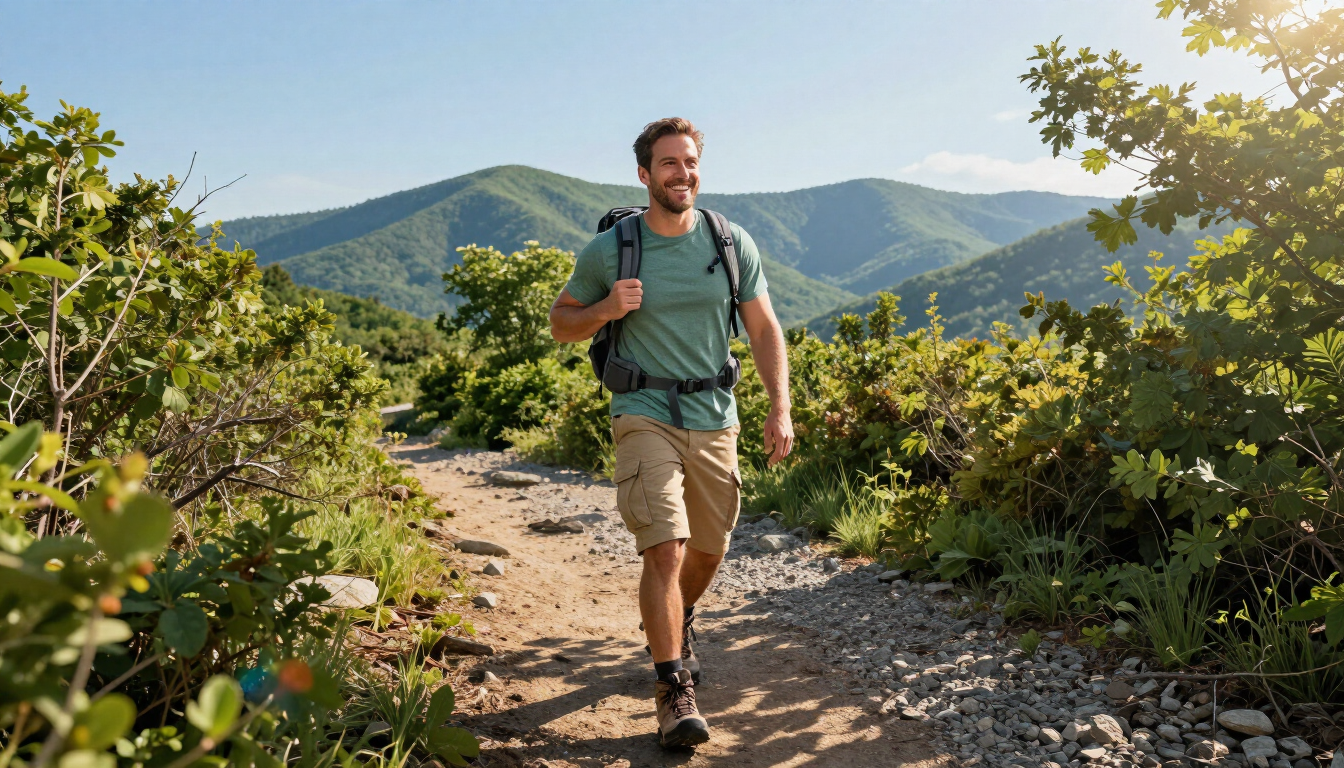 Man hiking happily on a trail in Northern Virginia