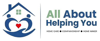 Logo for “All About Helping You” with blue house and heart family icon, plus home care, companionship, and home maker text
