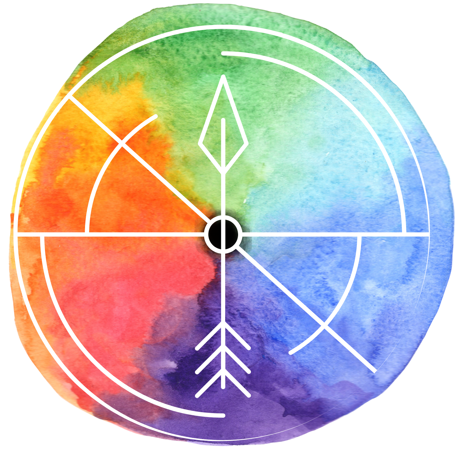 A rainbow colored circle with a compass arrow in the center.