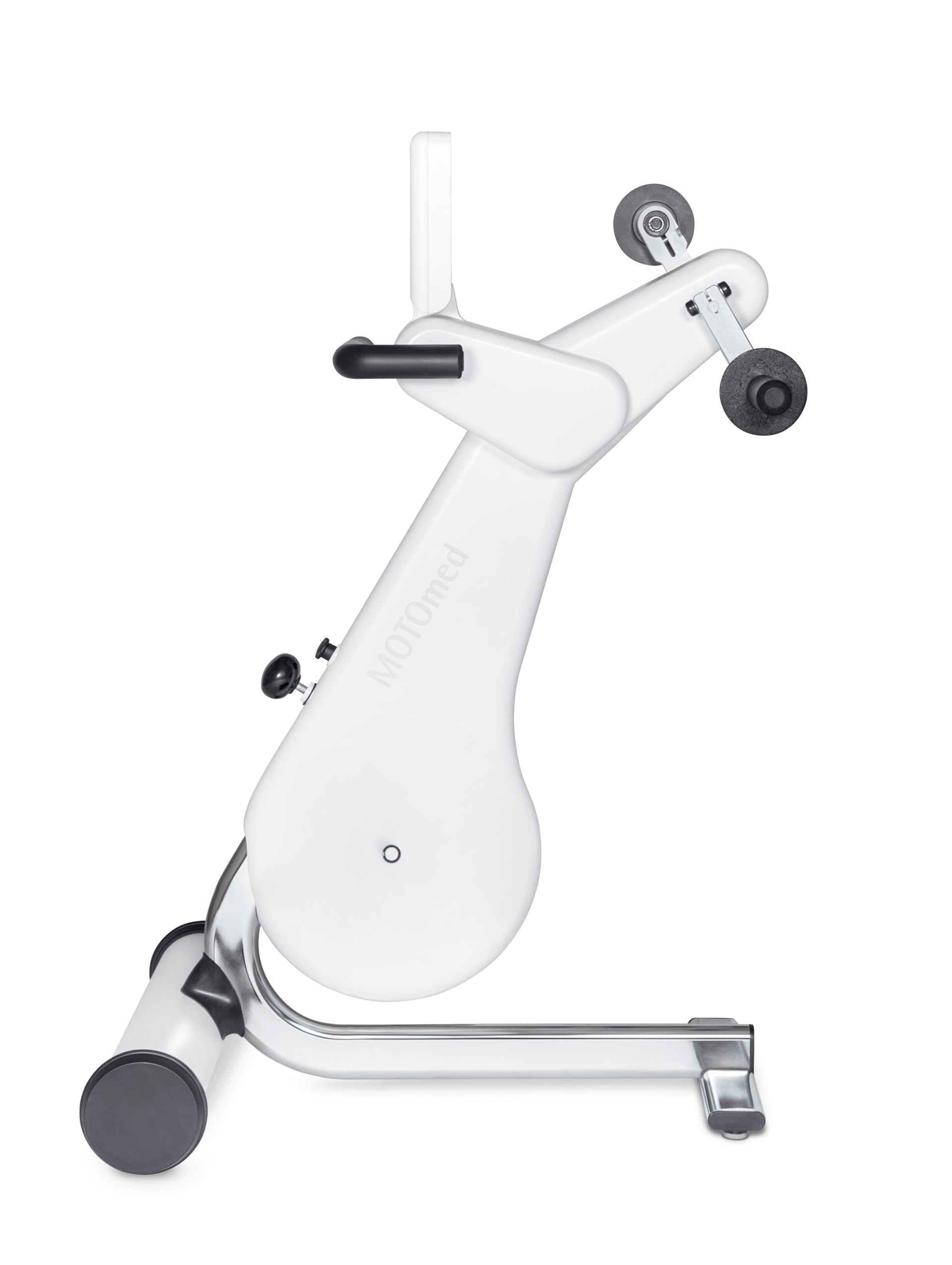 Ein weißes Heimtrainer-Fahrrad mit Rädern auf weißem Hintergrund.