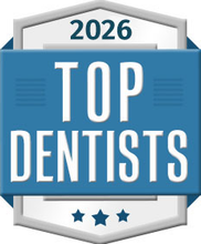 2025 Top Dentists badge in blue and silver with three stars