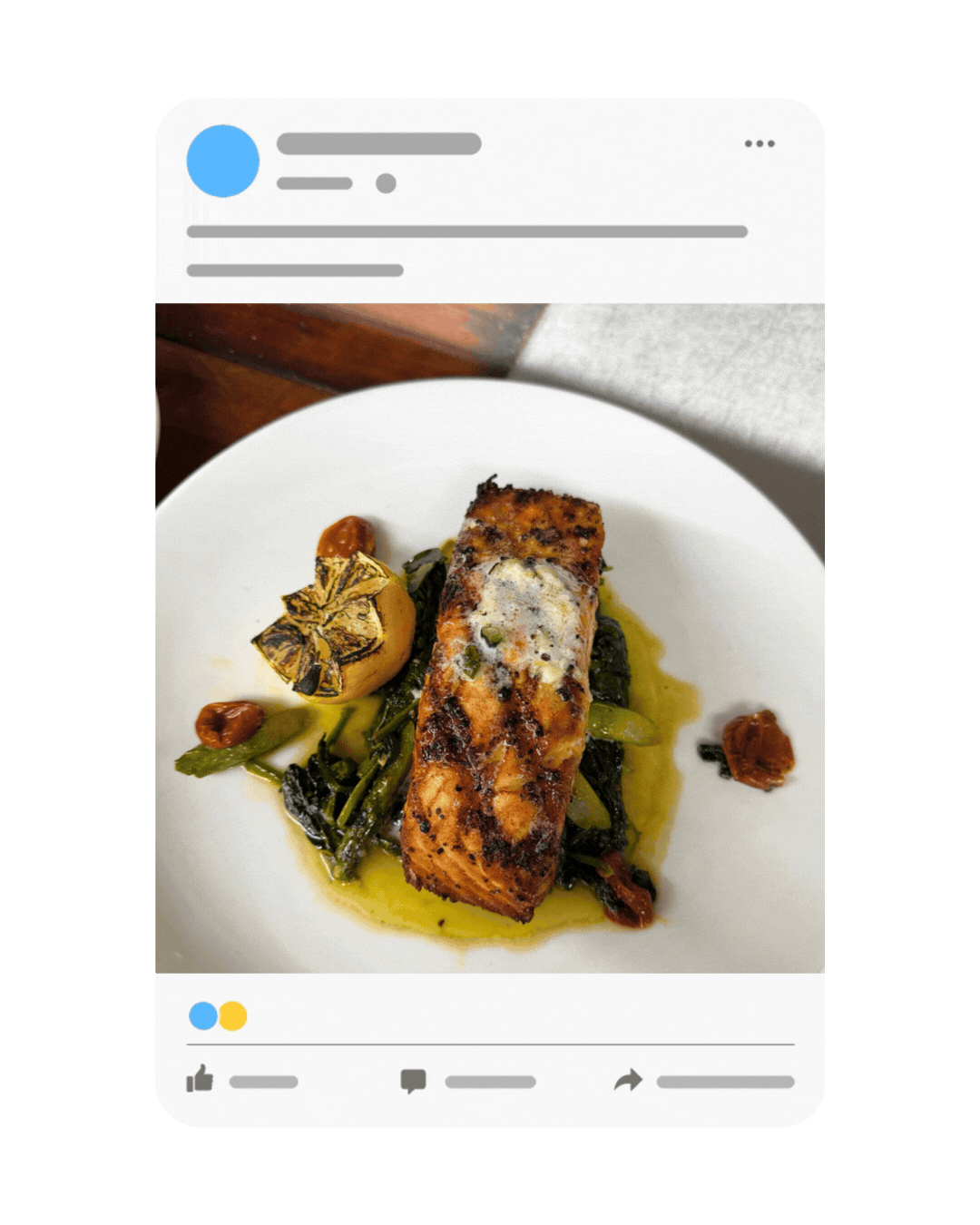A social media post featuring a grilled salmon fillet with greens, lemon, and a sauce, served on a white plate.